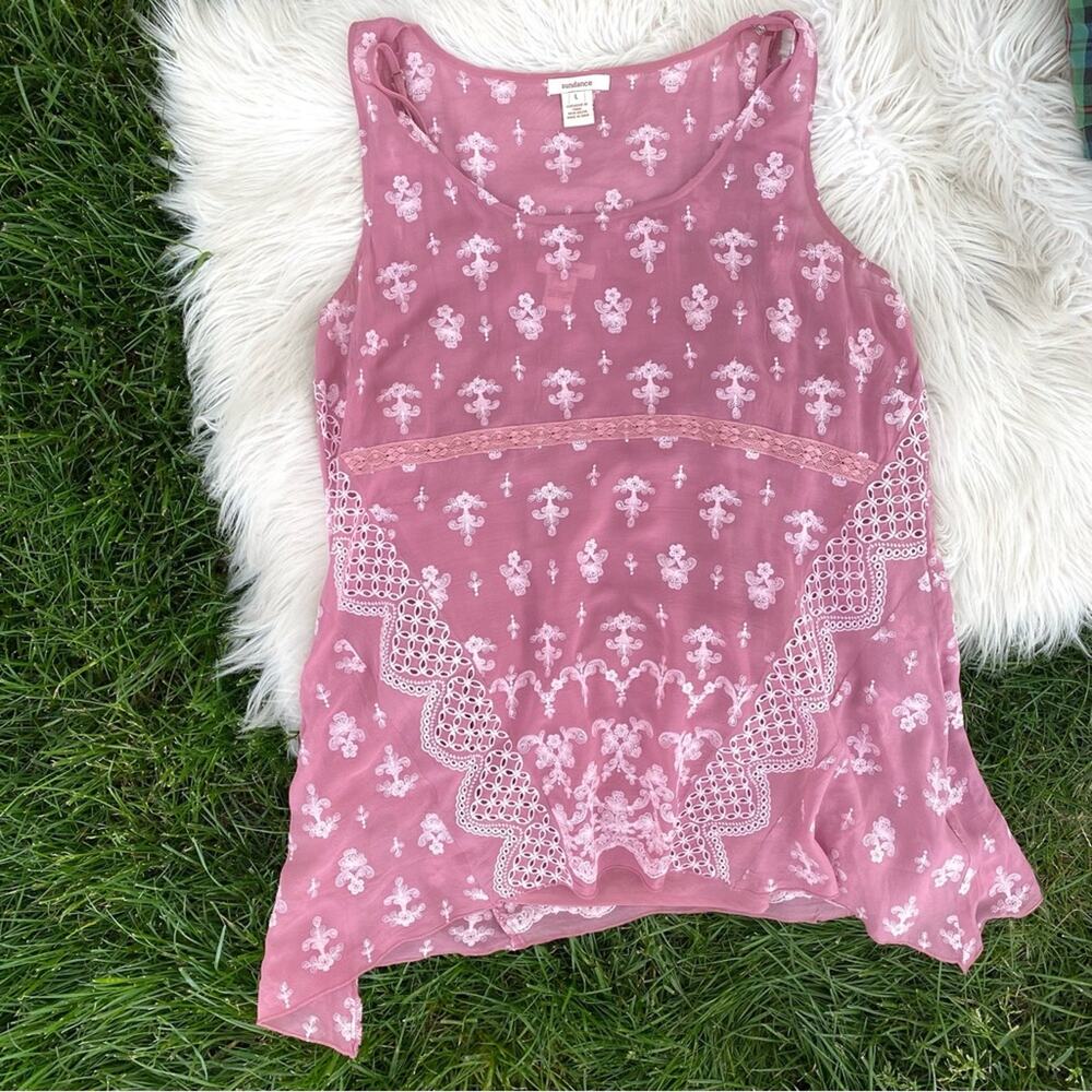 Sundance Pink Sleeveless Silk Tank Top with Intricate Embroidered Patterns Large